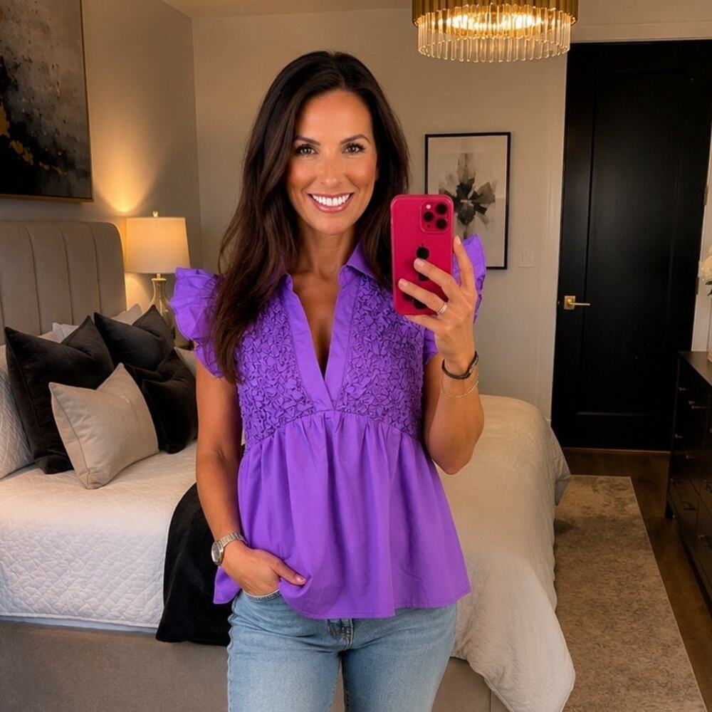 Anniewear NWT Purple Smocked Babydoll Blouse Ruffle Flutter Sleeve V Neck Small